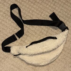 Faux Shearling Fanny Pack in Cream with Black Adjustable Strap & Clip